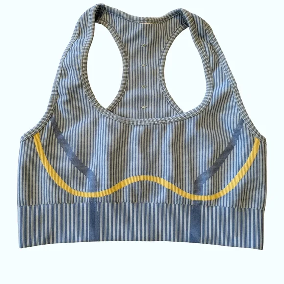 Seamless Striped Blue & Yellow Ribbed Racerback Sports Bra - Picture 4 of 6